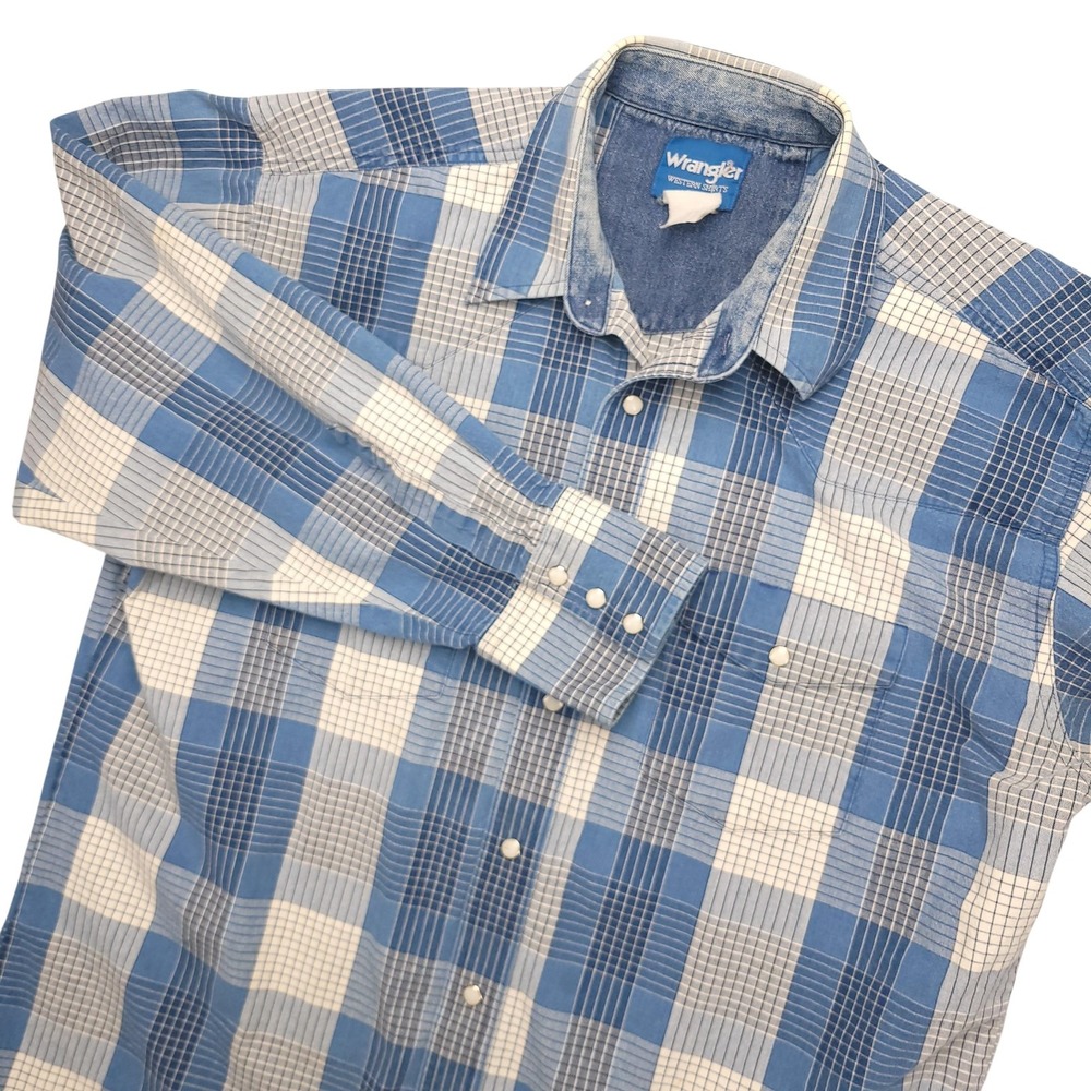 Vintage‎ Wrangler Western Denim Shirt Mens X-Large Blue Plaid Pearl Snap Cowboy